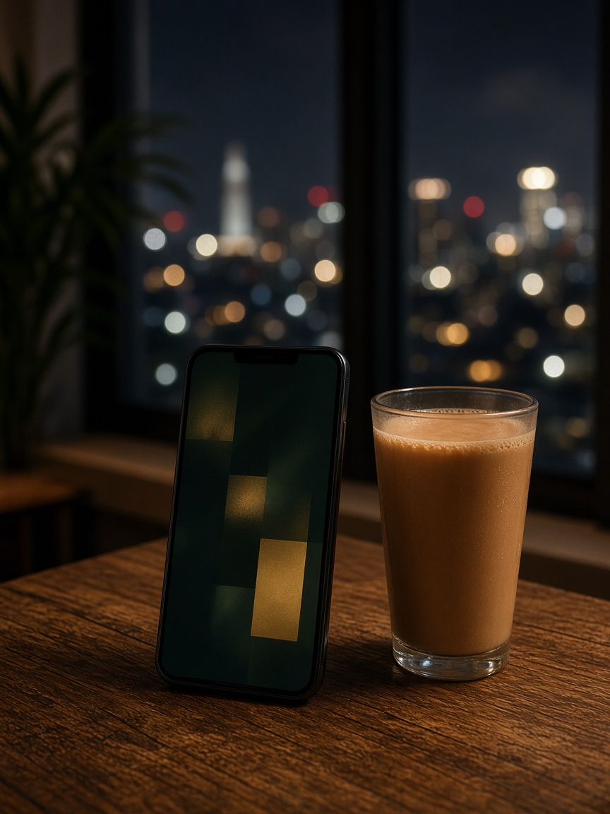 Telefon pada meja kayu di sebelah teh tarik